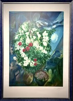 Marc chagall - bouquet of flowers with flying lovers - mourlot paris - large signed lithograph