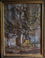 Pirk János - branch with flowers in glass, oil painting with frame