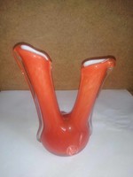 Muranoi kétnyakú narancs színű üveg váza - 20 cm magas (6/d)