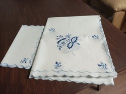 Blue embroidered tablecloth with napkins, folk textile,