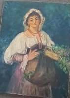 The flower seller girl - huge antique - marked butcher - oil / canvas painting