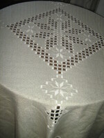 Wonderful elegant woven azure embroidered ecru needlework tablecloth
