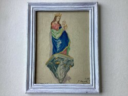 Virgin Mary with her baby, in a glass frame.