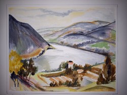 János Szabó's original painting of the Danube bend, size 23x29cm, framed