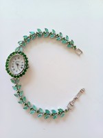 925 Silver women's watch with real emerald and tsavorite