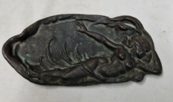 Old art nouveau bronze business card holder or ashtray with female nude pattern in good condition 709 g.