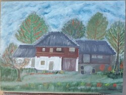 János Husovszky (1883-1961): houses in Nagybánya. Oil, wood.