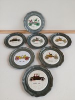 Old vintage car, tin bowls, oldsmibile, fiat renault 7 pieces in one