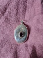 Large photo holder silver pendant with garnet stone