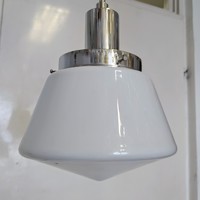 Bauhaus - Art deco nikkelezett mennyezeti lámpa felújítva - különleges formájú kúpos tejüveg búra