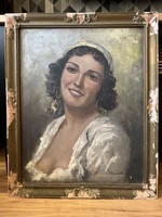Barsi Béla (1872-1913) antik olaj vászon festmény, hölgy portré, 39,5x49,5 cm