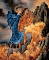 Remedios varo escape reprint print, loving couple in boat woman blue dress dream image fantasy landscape