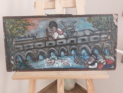 (K) Szignózott naiv Hortobágyi életképfestmény 60x30 cm