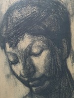Nagy Ernő Sándor: Női portré, 1972 - Szentendre 1970-es évek, arckép rajz - hátoldalon BÁV címke