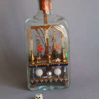 18-19. Century patience glass pints in a large size bottle / folk religious art whimsey bottle