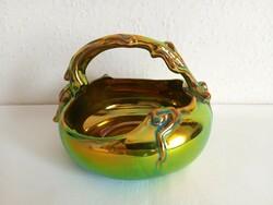 Rare, beautifully iridescent Zsolnay eozin basket, bowl with handles, offering