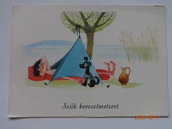 Humoros grafikus képeslap, postatiszta - Szilas Győző rajz: "Szűk keresztmetszet" - 1971