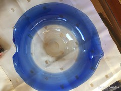 Kék, nagy, kézzel készült üveg tál, kínáló, asztalközép (20B)