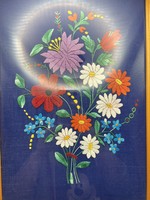 Kézi hímzett virágos kép üvegezett keretben,20 x 40 cm-es. 5074