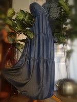 Column dress 42 long 100% bamboo maxi dress, embroidered lyocel denim blue