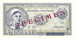 5 lei 1952 Románia 000000 MINTA SPECIMEN  UNC Ritka