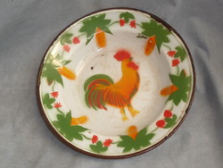 Old enamel plate, antique enamel plate, rooster enamel bowl, Budafoki enamel dish