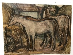 Waiting horses, with a cart. Large oil painting, marked! Signó is waiting to be deciphered!!!