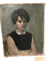 Portrait of a young girl, signed oil/canvas painting. 1930s? Signó is waiting to be deciphered. Double sided!