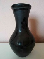 Recommend!! Black ceramic, flower pattern vase, jr. István Fazekas, reed yard, 1970-1980