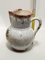 Hódmezővásárhely, blue marble, pink floral pattern, white-glazed folk ceramic jug (3041)