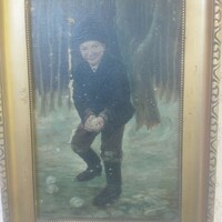 Old oil painting. Frici Szabó, a snowball boy. After Peske g.