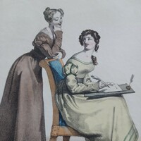 Francia divatrajz az 1800-as évek elejéről, színezett litográfia