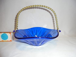 Retro blue glass centerpiece, hazelnut, other serving bowl with handle - with metal handle