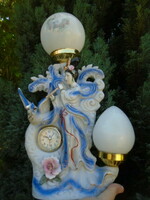 Porcelain table bedside lamp with two burners plus a working clock (without battery) 44 cm high