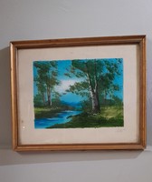 Trees by the stream old painting Pálffy 1935 in a gilded wooden frame