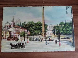 Antik képeslap, Róma, Piazza del Popolo, Népek tere, villamos, lovaskocsi, postatiszta