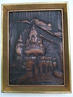 Retro, embossed copper fishing bastion wall picture framed