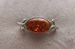 Amber stone, silver brooch