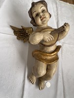 Antique large baroque carved wooden hand-painted putto 40 cm high.