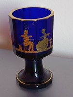 Biedermeier glass with a cobalt blue base and a gilded contemporary salon scene
