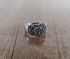 Old heart-shaped silver ring with marcasite