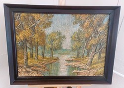 (K) signed forest interior painting 78x58 cm with frame