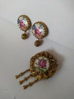 Wonderful vintage porcelain inlaid gilded jewelry set (earrings + brooch)