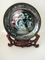 Vintage Japanese mother-of-pearl inlaid black decorative bowl on a carved wooden stand