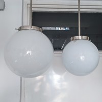 Bauhaus - Art deco nikkelezett mennyezeti lámpa pár felújítva - tejüveg gömb búra - EKA