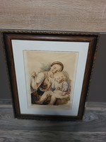 Prihoda István Glatz Oszkár Anya a gyermekével színes rézkarc
