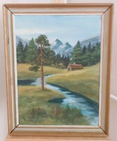 (K) signed landscape painting with small house 48x62 cm frame