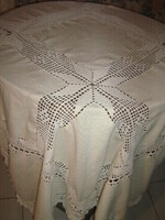 Beautiful hand-crocheted lace insert with a crocheted edge, butter yellow large tablecloth
