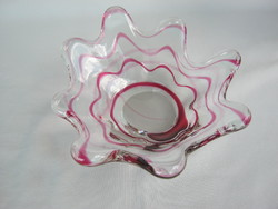 Thick glass bowl with ruffled edges with pink flowing decoration weighs 1.2 kg