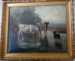 Illegible: watering cows in the river is a picture of life